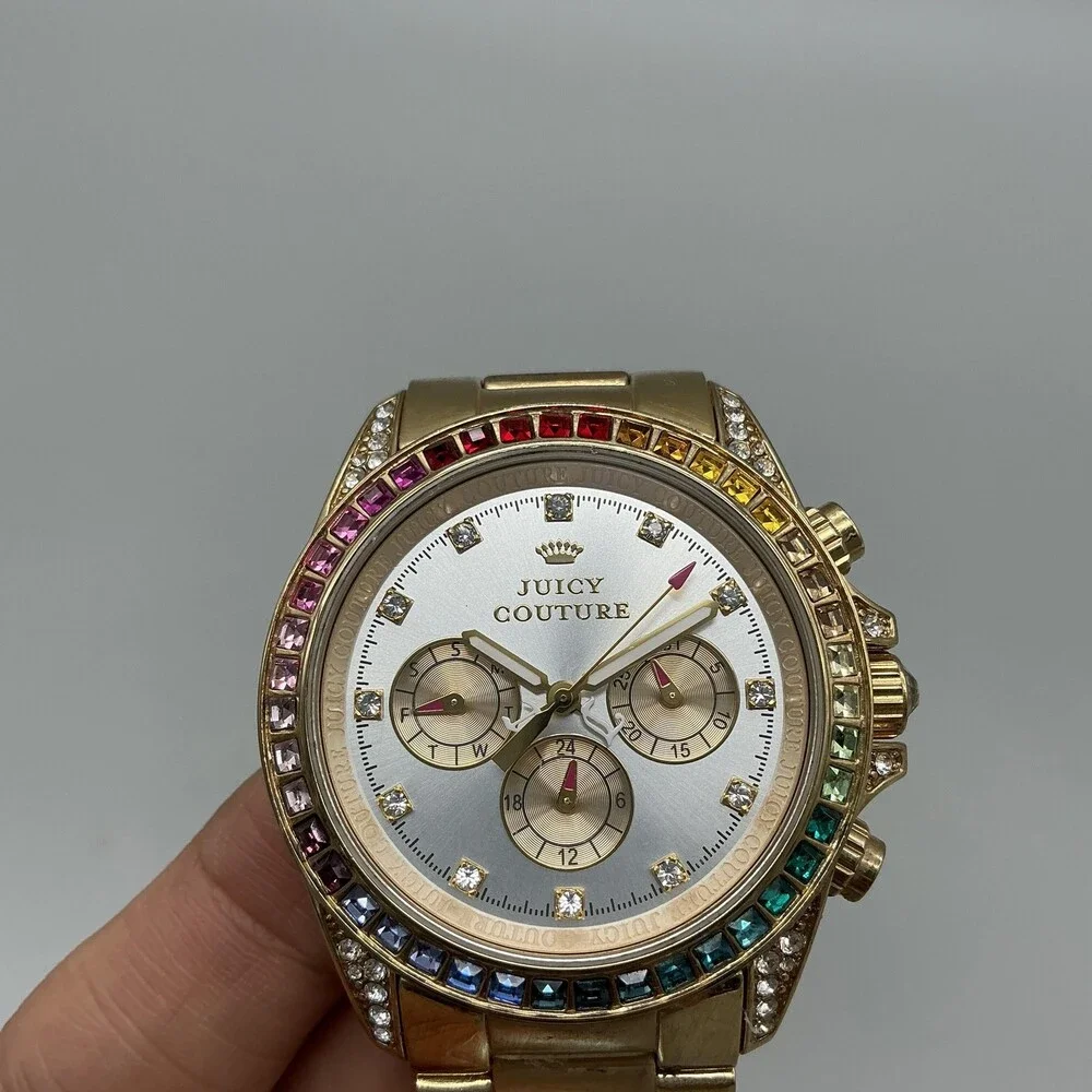 Juicy Couture Stella Womens Watch 40mm Gold Tone Rainbow Crystal New Battery 7